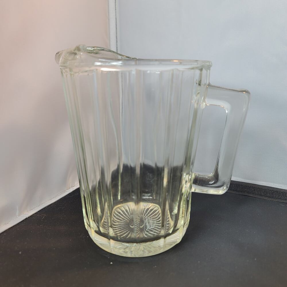 Vintage Small Heavy Clear Glass PITCHER w/ Ice Lip, Square Handle & Wide Ribs